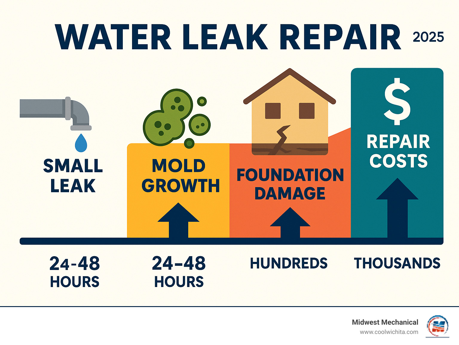Infographic showing the progression of water damage from a small leak to major structural problems, including timeline of mold growth at 24-48 hours, wood rot development, foundation damage, and escalating repair costs from hundreds to thousands of dollars - Water leak repair infographic 