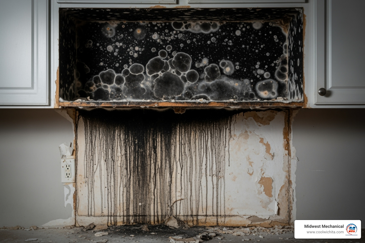 Significant mold growth on a wall behind a cabinet, indicating prolonged water damage - Water leak repair