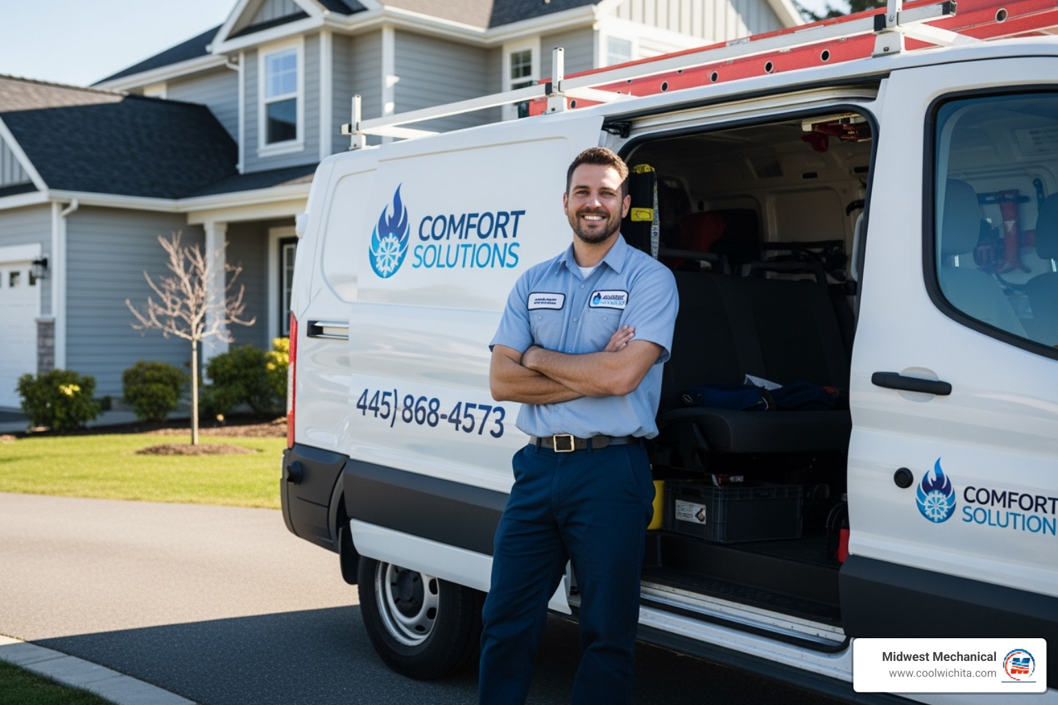 friendly technician arriving in a service van - emergency ac repair wichita