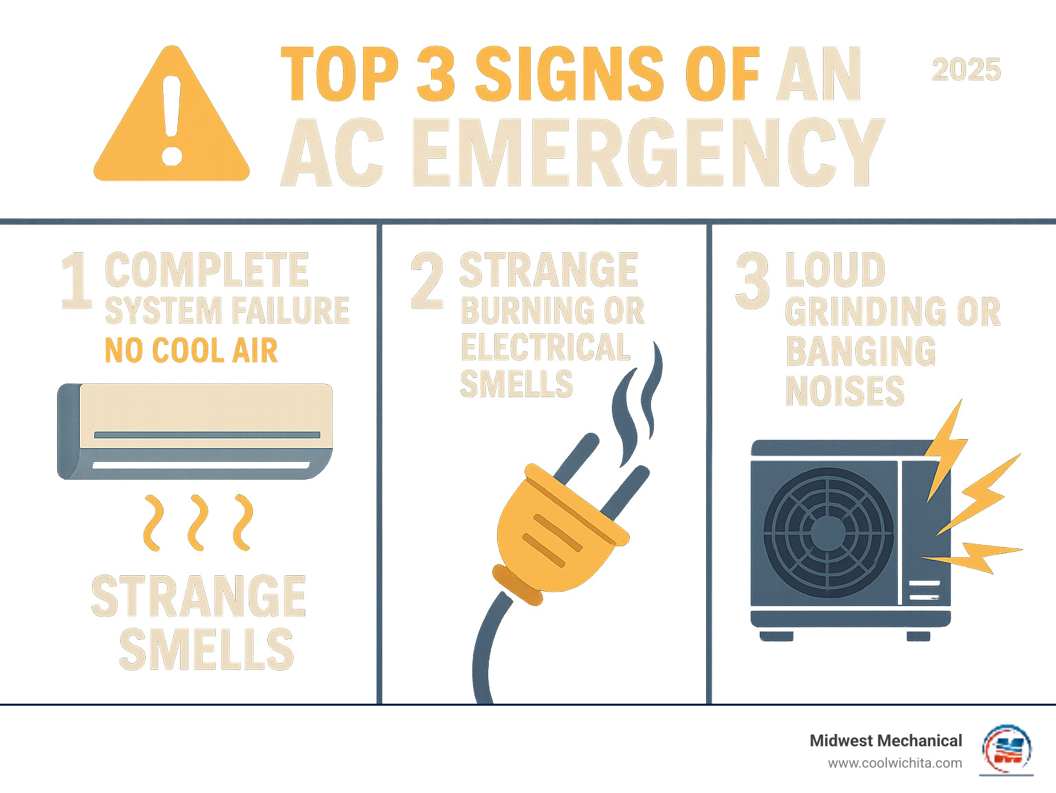 Infographic showing the top 3 signs of an AC emergency: complete system failure with no cool air, strange burning or electrical smells, and loud grinding or banging noises from the unit - emergency ac repair wichita infographic 