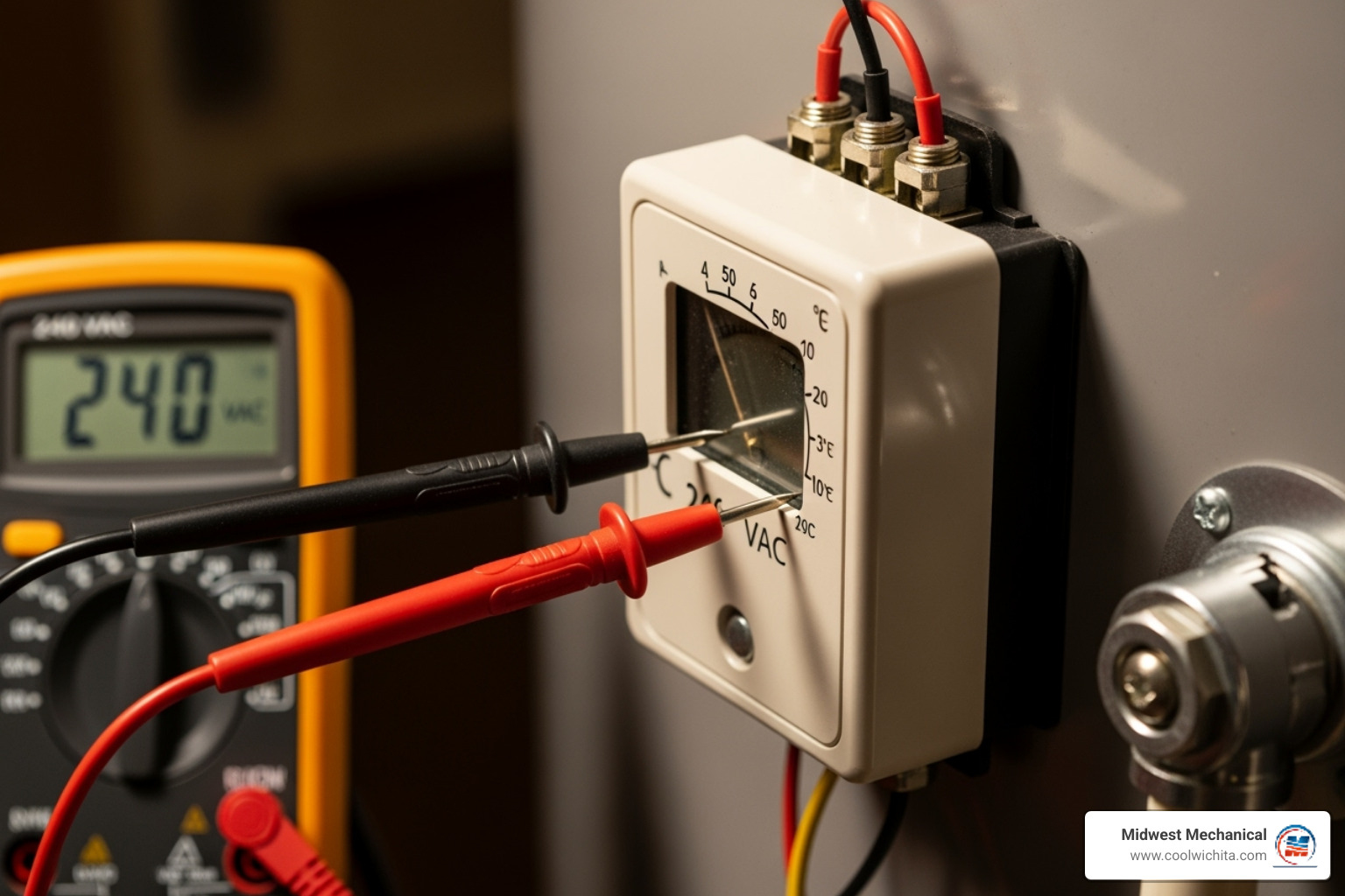 Image of a multimeter's probes touching the terminals on a water heater thermostat - water heater thermostat repair