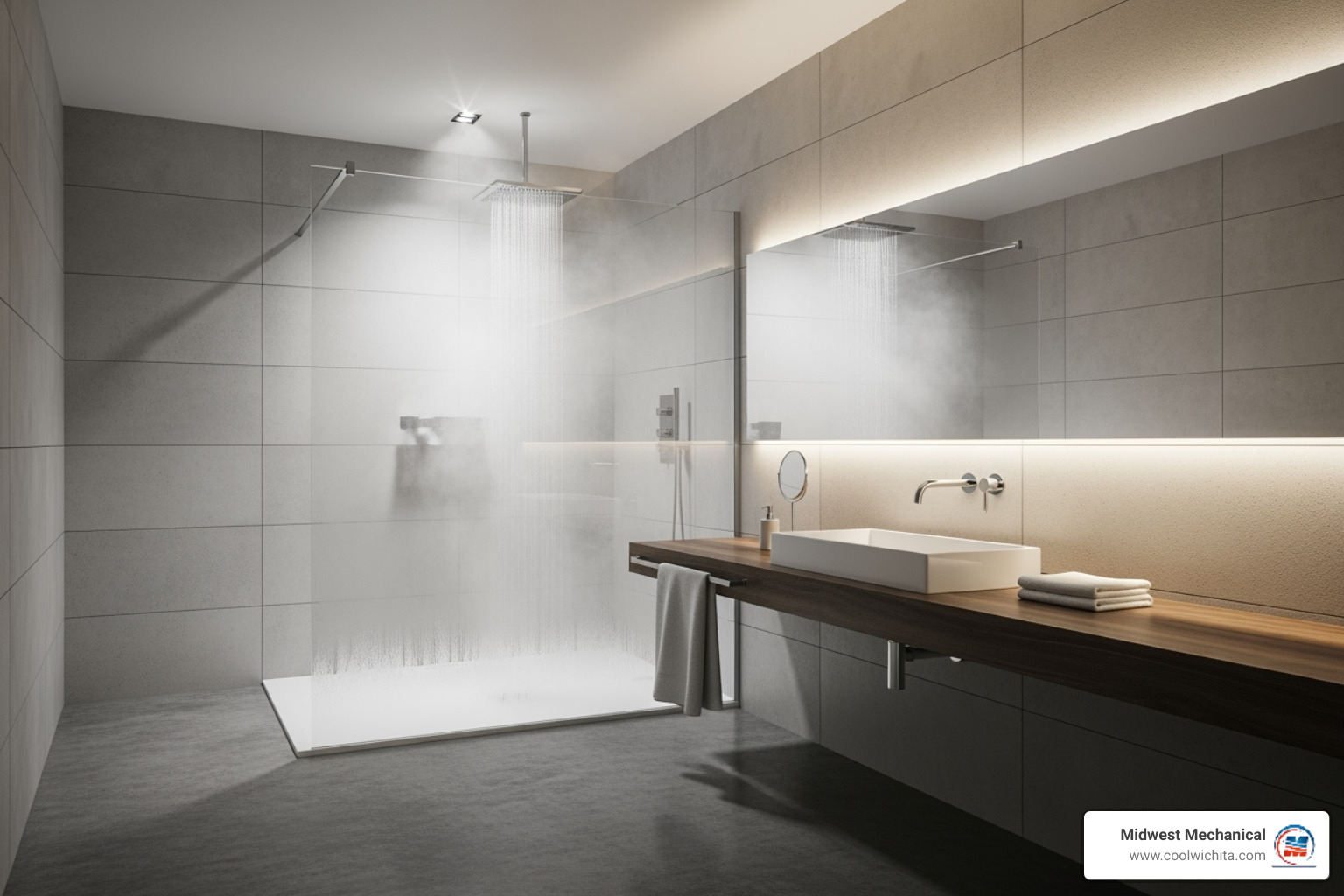 Image of a clean, modern bathroom with steam rising from the shower - water heater thermostat repair