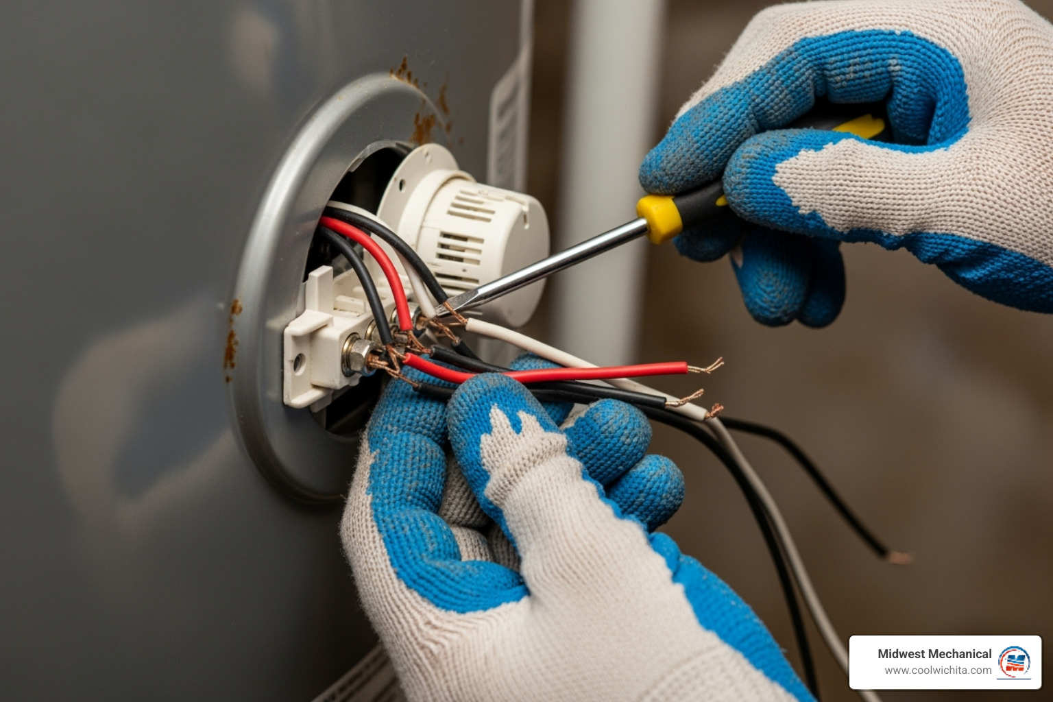 Image of hands reconnecting wires to a new thermostat - water heater thermostat repair