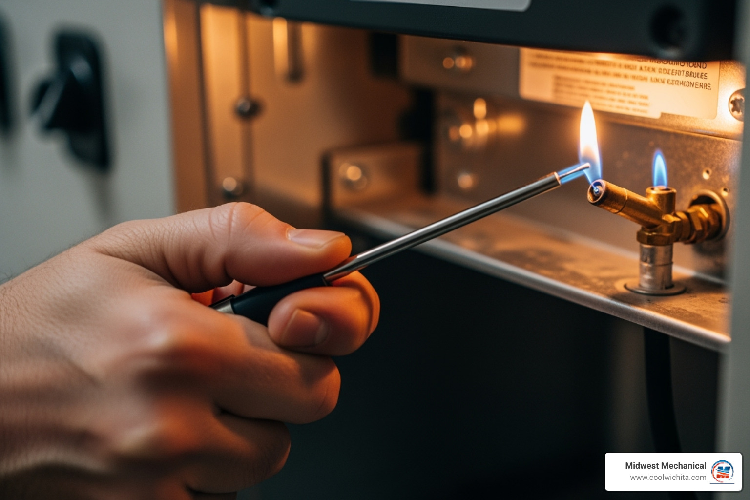person safely using a long lighter to ignite a pilot - furnace pilot light