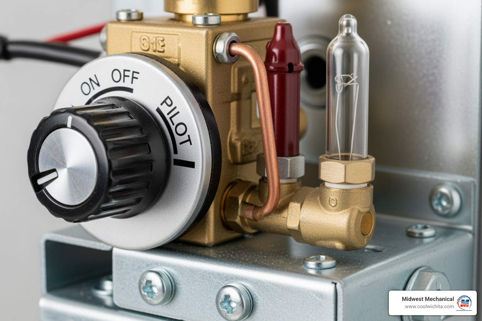furnace's pilot light assembly with the control knob visible - furnace pilot light