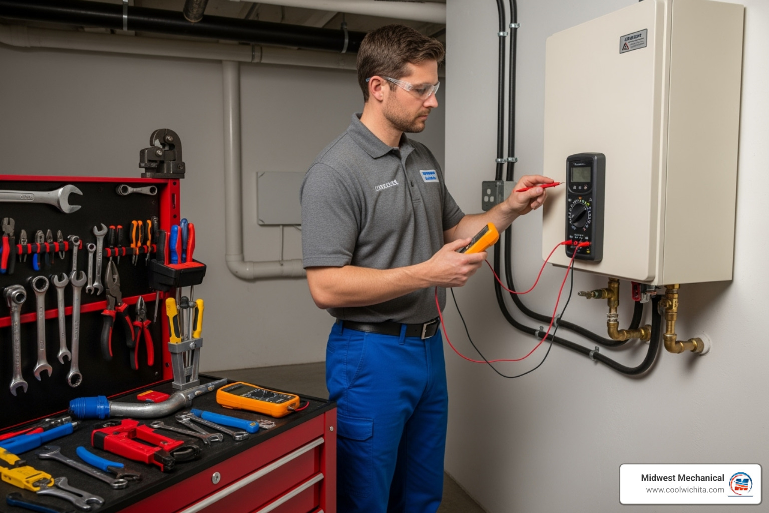 technician safely working on a tankless unit - Tankless water heater repair