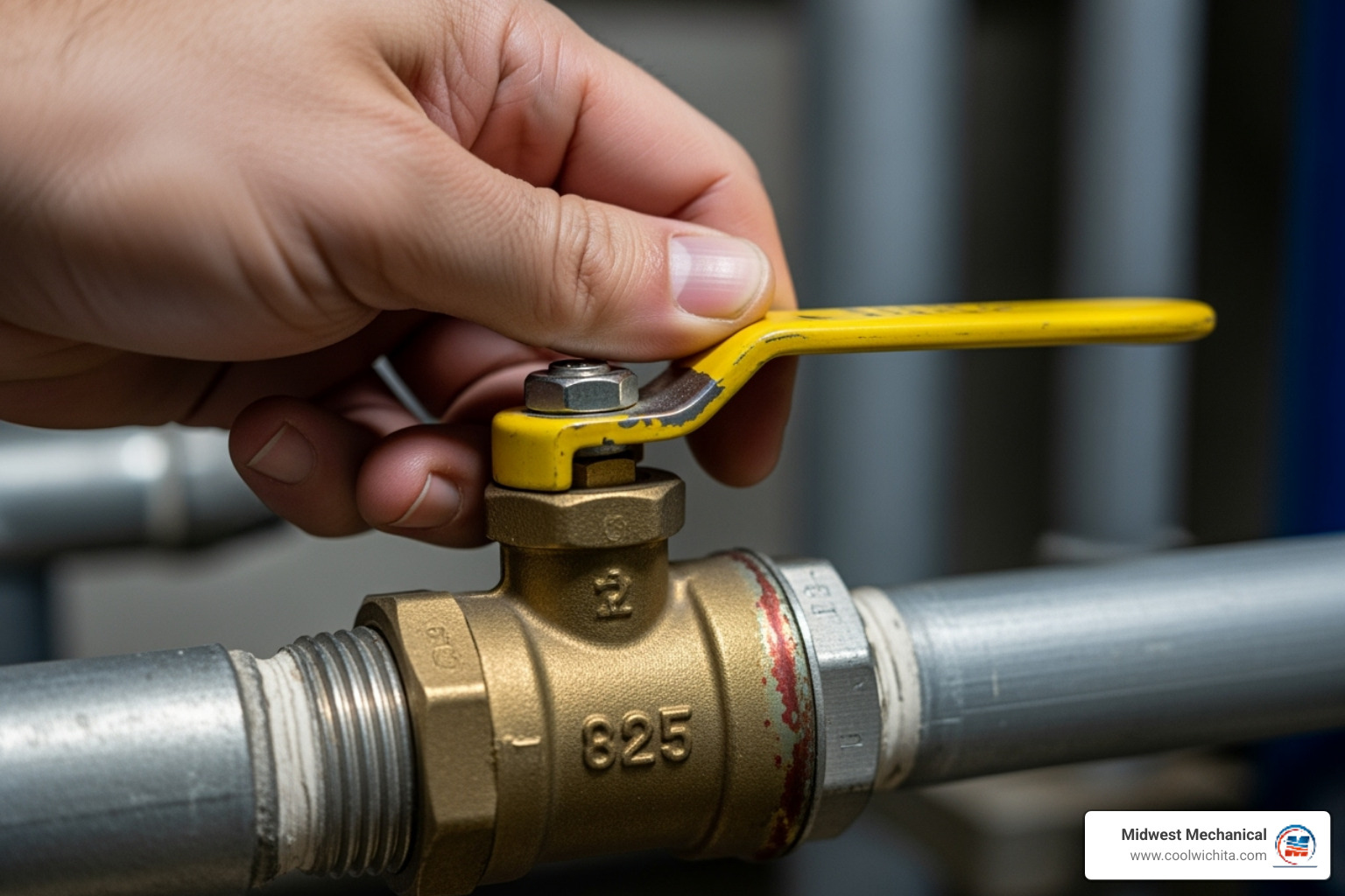 hand turning a gas supply valve to the "On" position - no hot water tankless