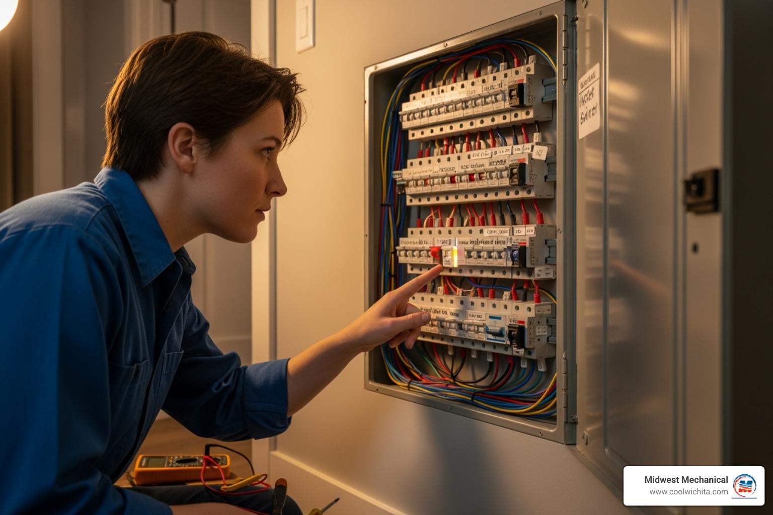 person checking a home's circuit breaker panel - no hot water tankless