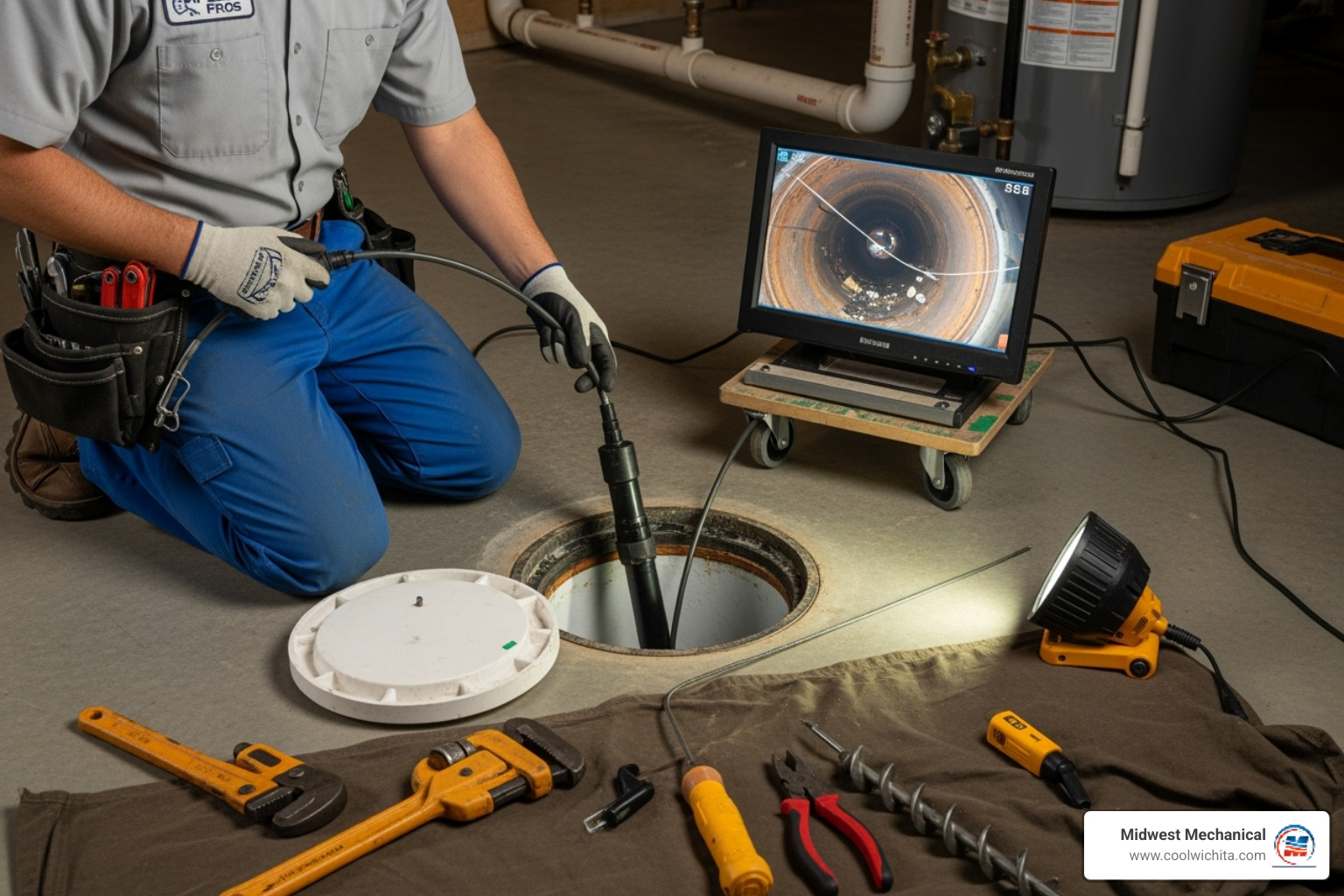 technician performing a sewer camera inspection - sewer line repair Wichita