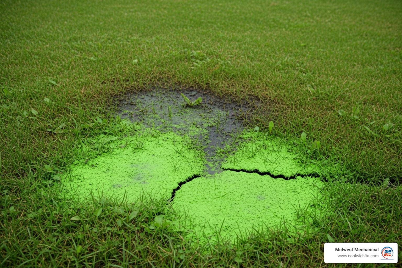 soggy, unusually green patch of lawn indicating a sewer leak - sewer line repair Wichita