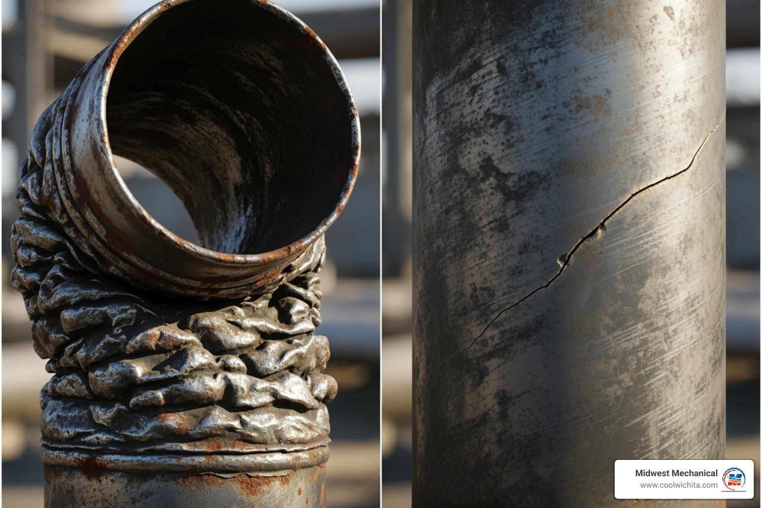 severely collapsed pipe next to a pipe with a minor crack - sewer line repair Wichita