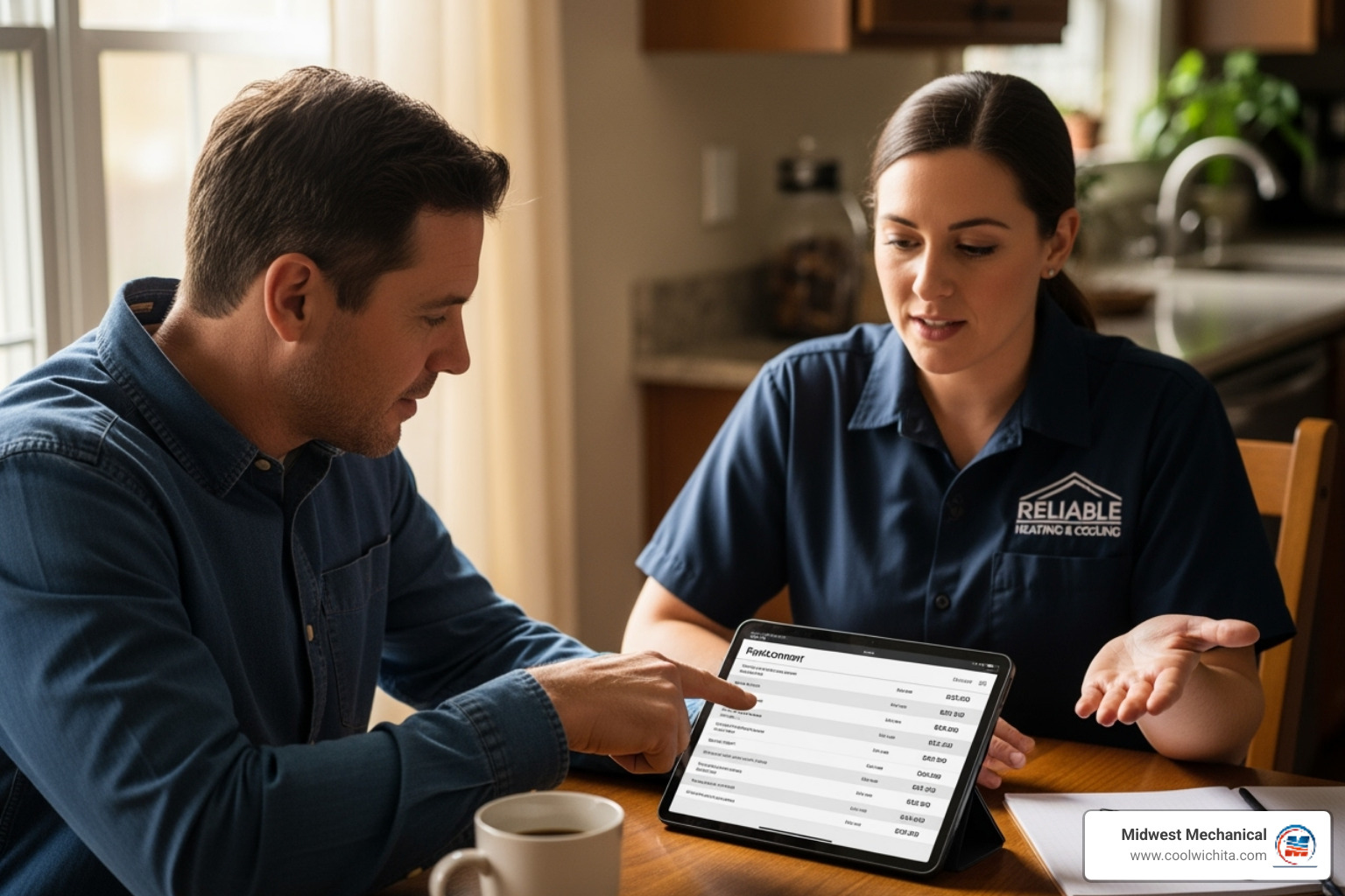a homeowner reviewing a furnace replacement quote with a technician - furnace replacement Park City