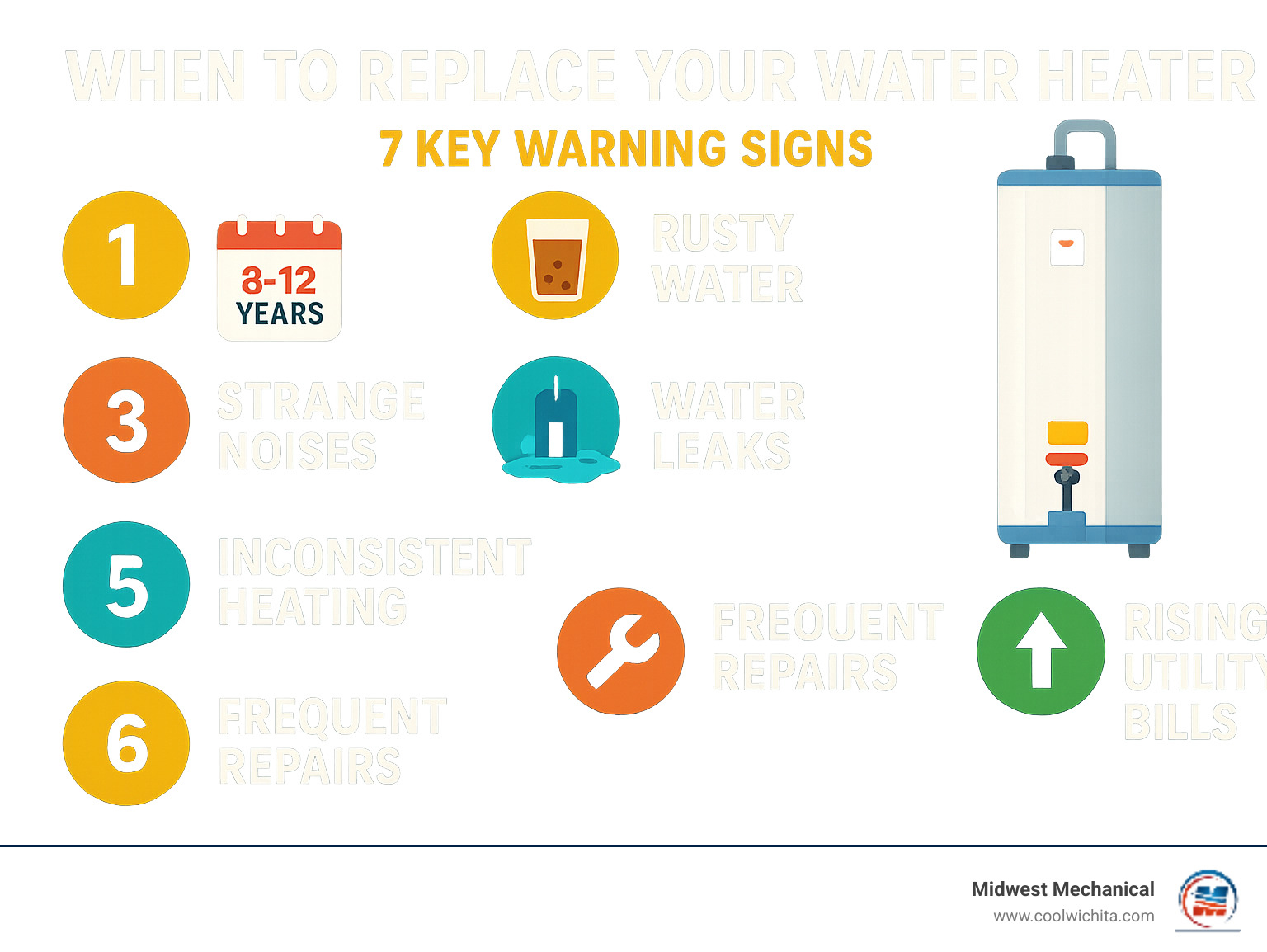 Comprehensive infographic showing the 7 key warning signs that indicate your Valley Center water heater needs replacement: age over 8-12 years, rusty discolored water, strange rumbling noises, visible water leaks around base, inconsistent heating temperatures, frequent costly repairs, and rising utility bills - water heater replacement valley center infographic 