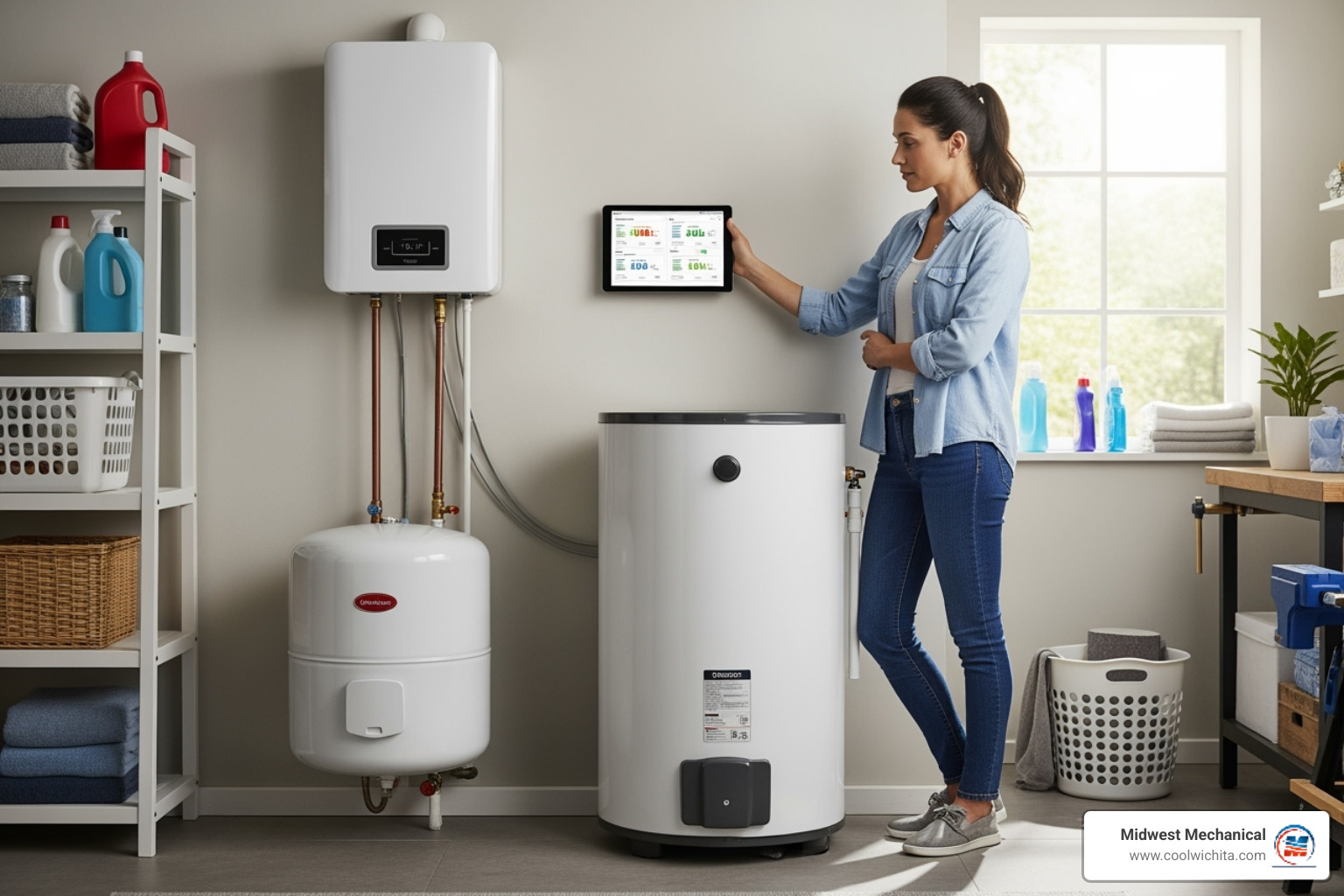 A homeowner comparing a tankless water heater and a traditional tank water heater, considering their space and energy needs. - water heater replacement valley center