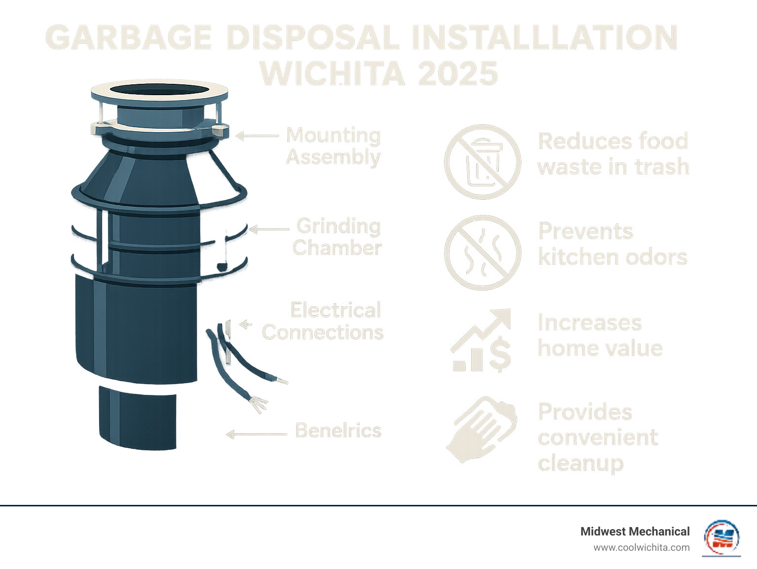 Infographic showing garbage disposal components including motor, grinding chamber, mounting assembly, and electrical connections, with benefits listed: reduces food waste in trash, prevents kitchen odors, increases home value, and provides convenient cleanup - garbage disposal installation Wichita infographic 