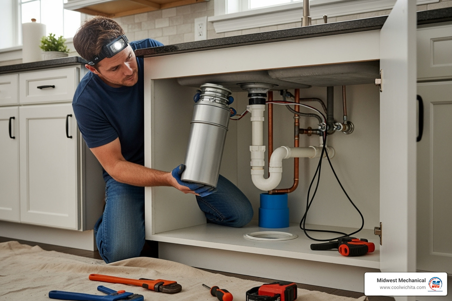 plumber installing garbage disposal - garbage disposal installation Wichita
