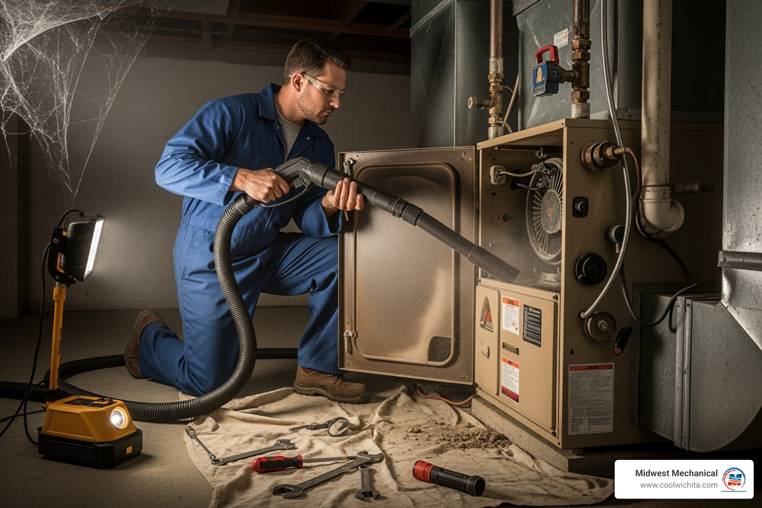 professional technician with a vacuum hose at a furnace - Air duct cleaning