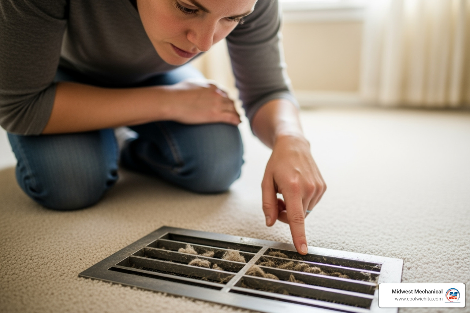 homeowner looking at a dusty vent register - Air duct cleaning
