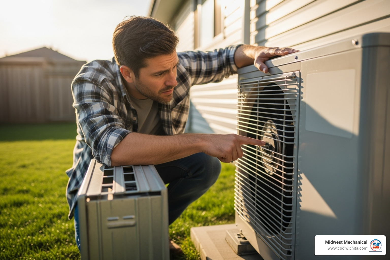 homeowner looking concerned at their heat pump's outdoor unit - heat pump repair wichita homeowner looking concerned at their heat pump's outdoor unit - heat pump repair wichita