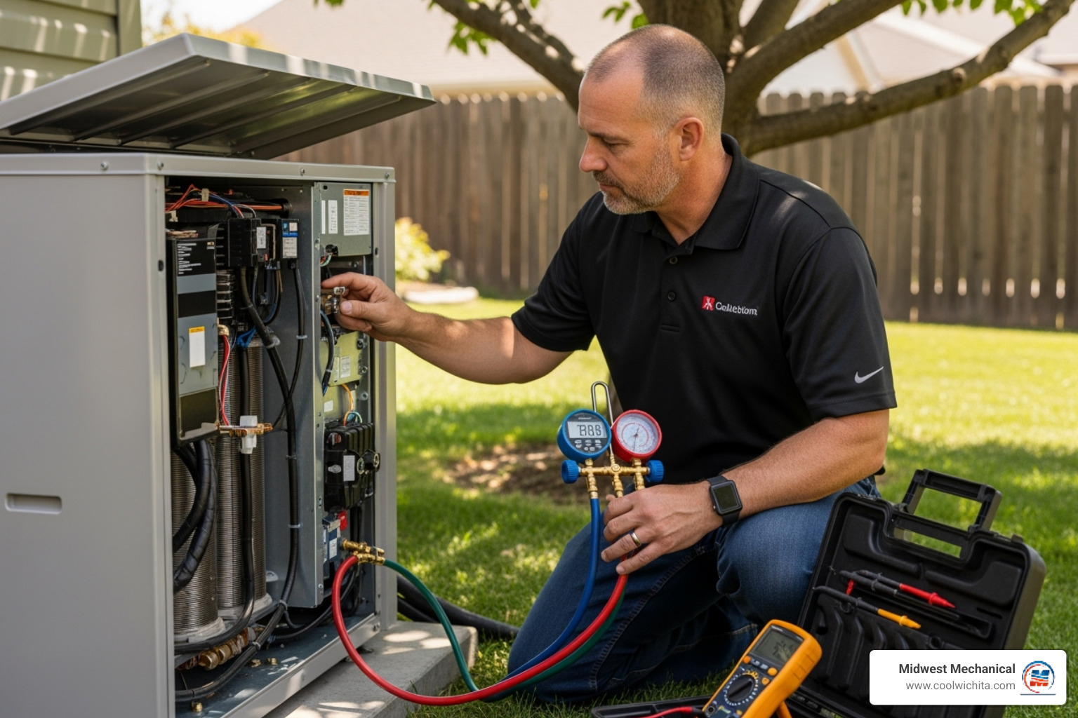 technician professionally diagnosing a heat pump system - heat pump repair wichita technician professionally diagnosing a heat pump system - heat pump repair wichita