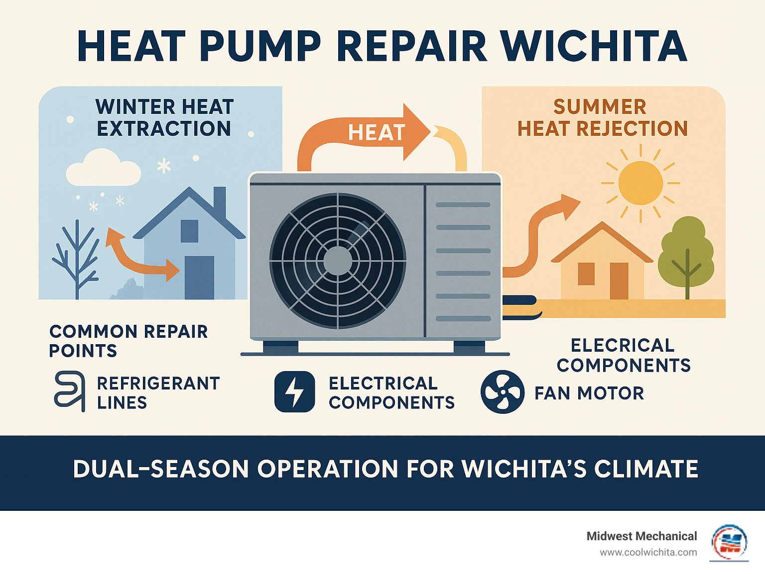 Infographic showing heat pump operation cycle with outdoor unit extracting heat in winter and rejecting heat in summer, including common repair points like refrigerant lines, electrical components, and fan motors, specifically highlighting dual-season operation for Wichita's climate - heat pump repair wichita infographic Infographic showing heat pump operation cycle with outdoor unit extracting heat in winter and rejecting heat in summer, including common repair points like refrigerant lines, electrical components, and fan motors, specifically highlighting dual-season operation for Wichita's climate - heat pump repair wichita infographic