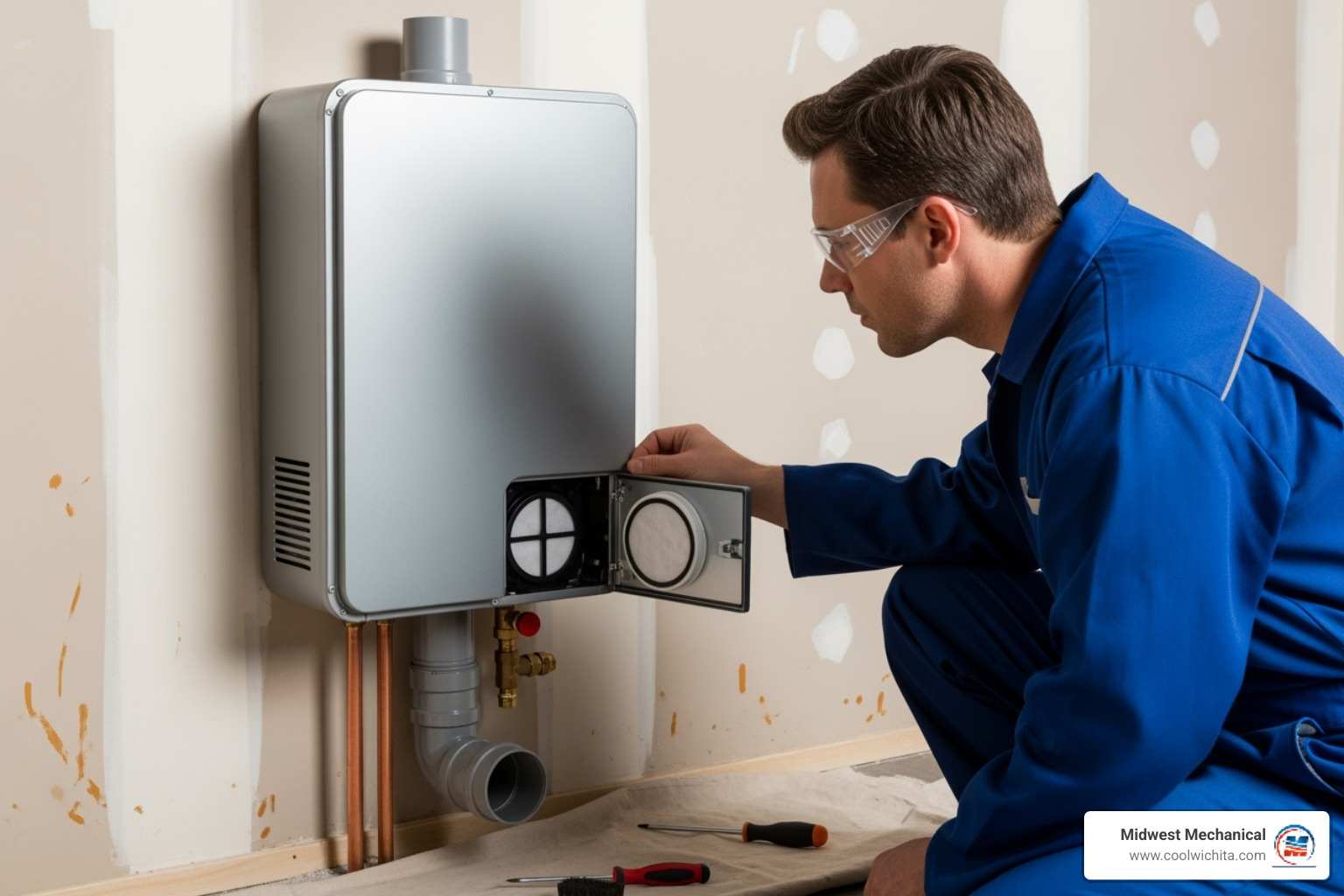 technician inspecting the air intake filter - tankless water heater flush technician inspecting the air intake filter - tankless water heater flush