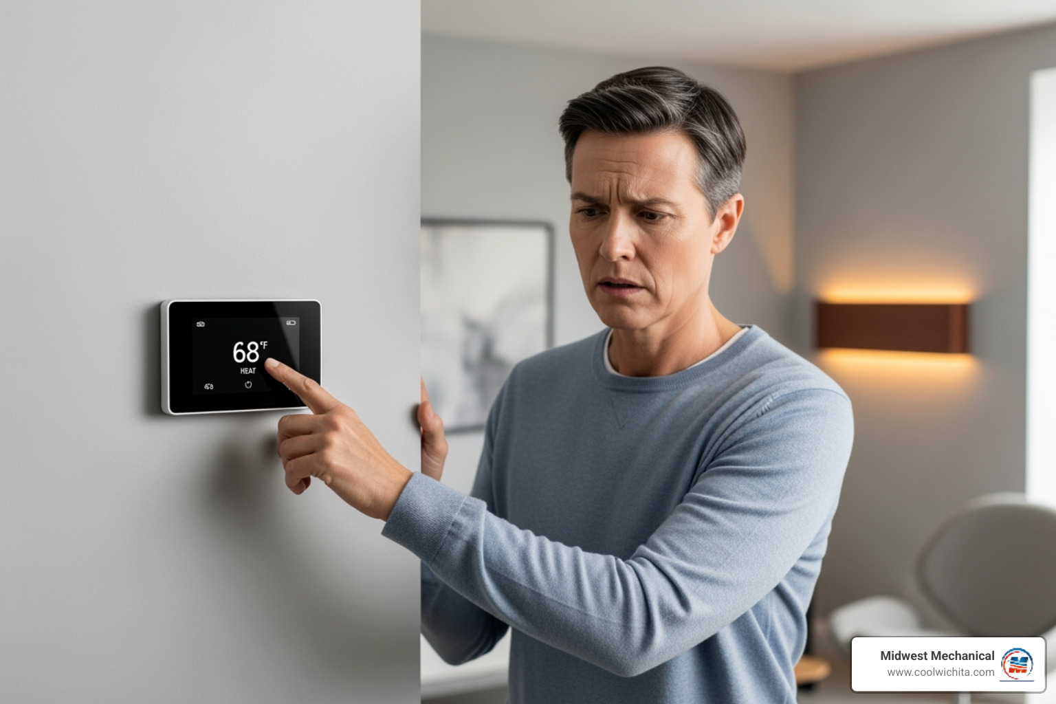a homeowner looking concerned at a thermostat - ac heating repair