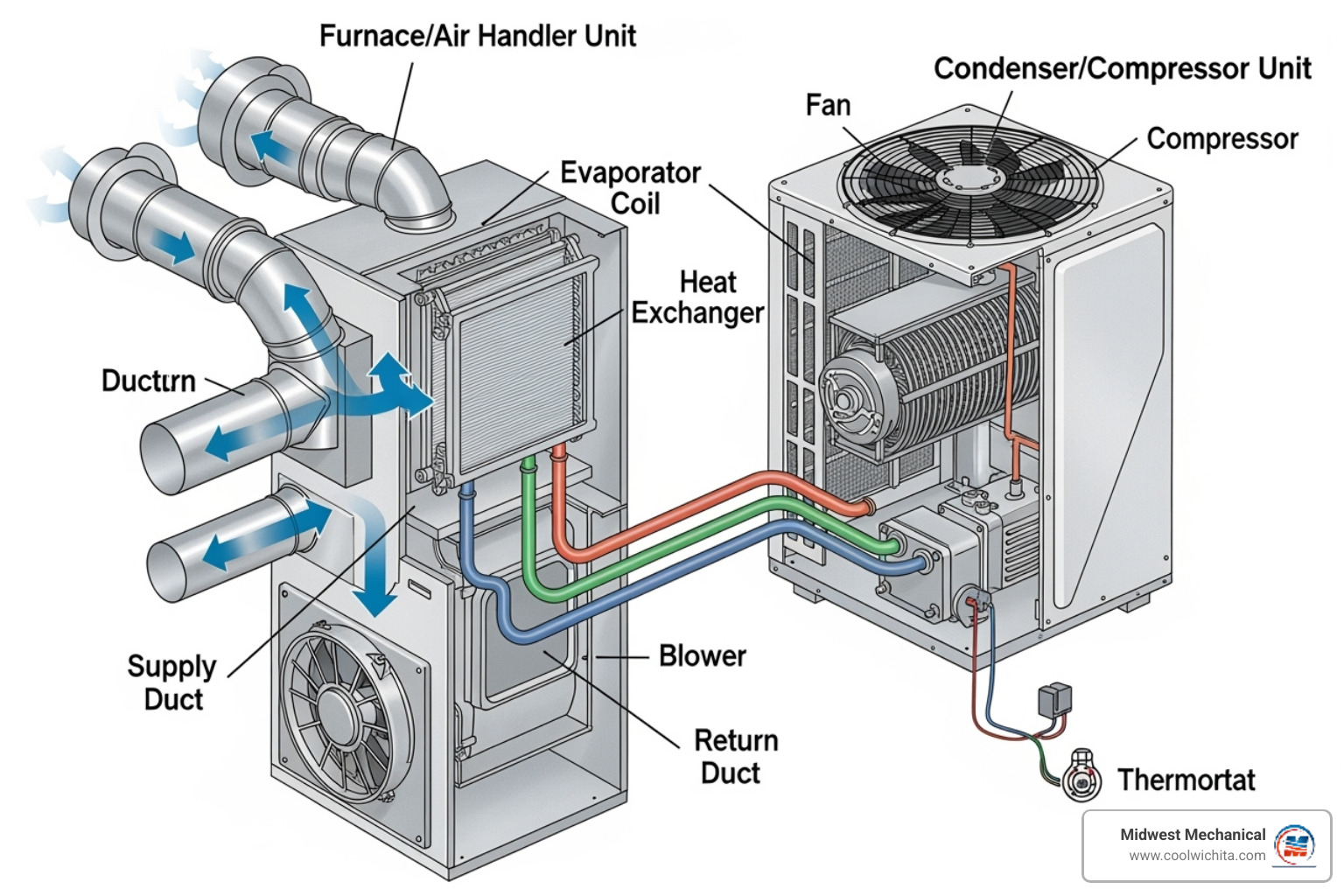 a diagram showing the main parts of a central HVAC system - ac heating repair