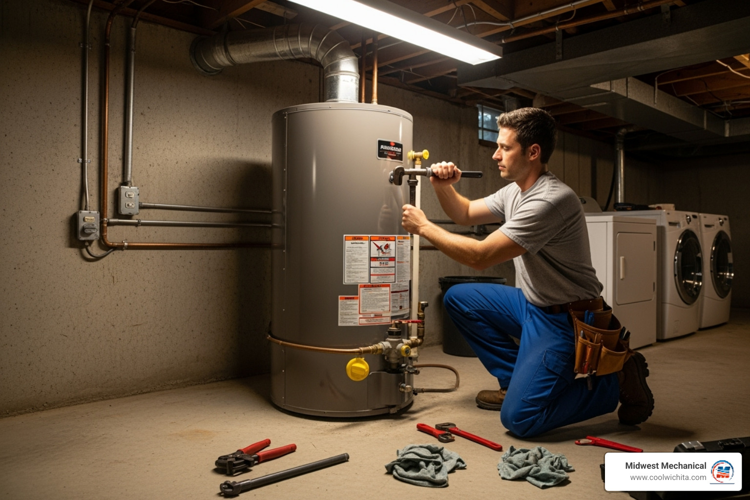 Plumber working on a water heater - Andover plumbing repair Plumber working on a water heater - Andover plumbing repair