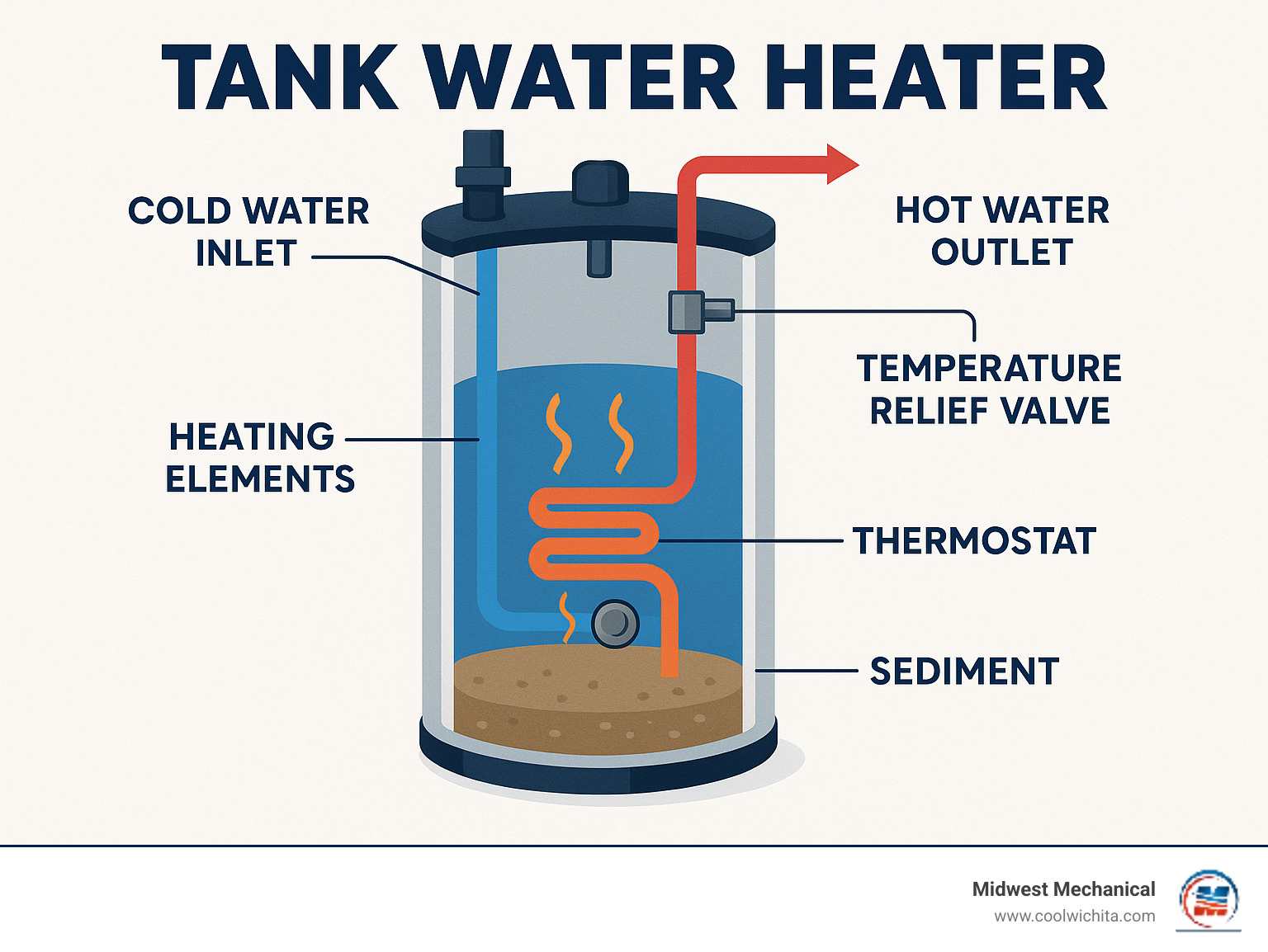 Detailed infographic showing tank water heater components including cold water inlet, hot water outlet, heating elements or gas burner, thermostat, temperature relief valve, and sediment at tank bottom with arrows showing water flow and heating process - no hot water infographic 