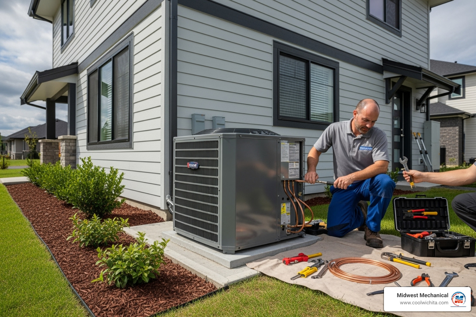 Professional technician installing an outdoor condenser unit - New AC installation Professional technician installing an outdoor condenser unit - New AC installation