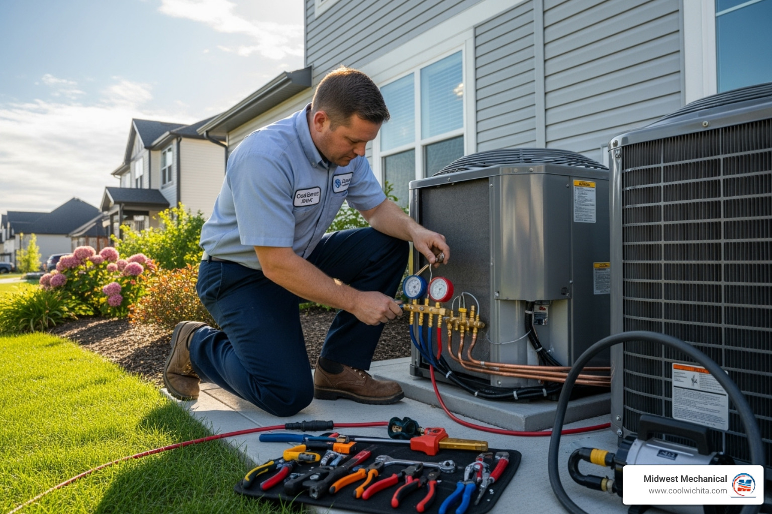 Professional technician installing a new outdoor AC unit - AC installation Wichita