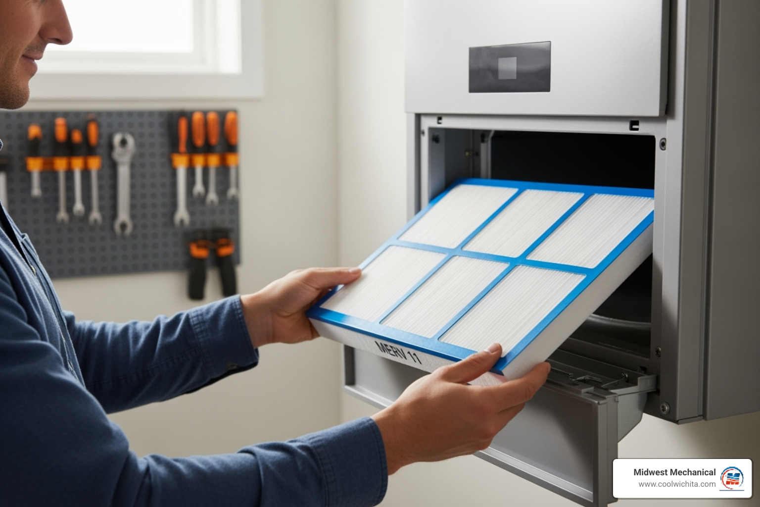 A homeowner is shown replacing a clean air filter in their HVAC system, highlighting easy DIY maintenance. - ac repair wichita, ks A homeowner is shown replacing a clean air filter in their HVAC system, highlighting easy DIY maintenance. - ac repair wichita, ks