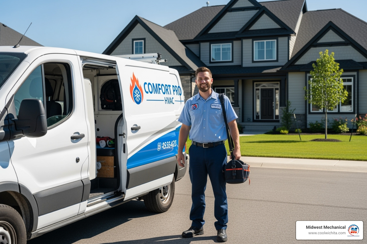 A friendly, professional HVAC technician in a clean uniform arriving at a home in a marked service vehicle, ready to help. - 24 hour ac repair wichita, ks