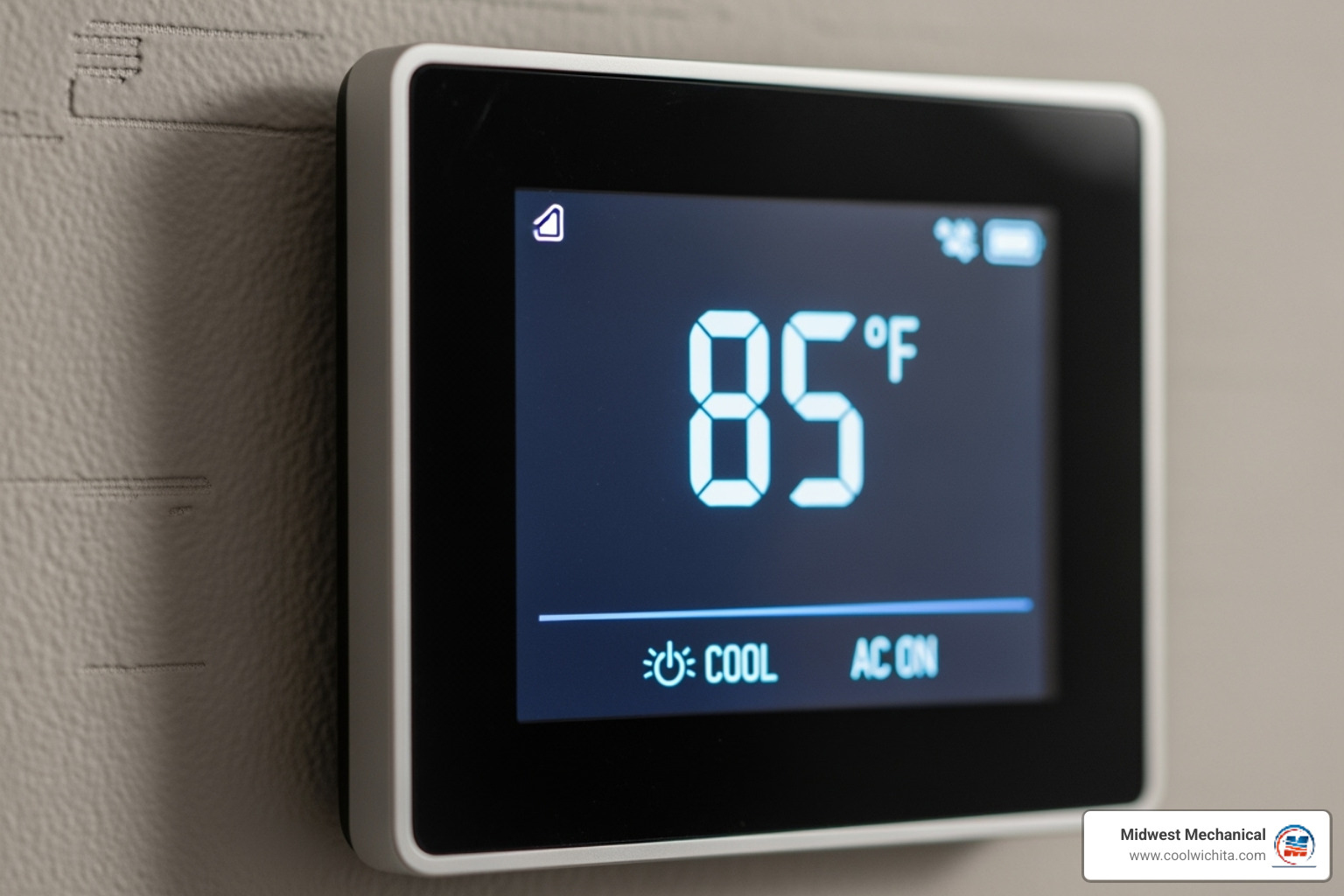 A thermostat showing a high indoor temperature despite the AC being on, indicating a system failure. - 24 hour ac repair wichita, ks