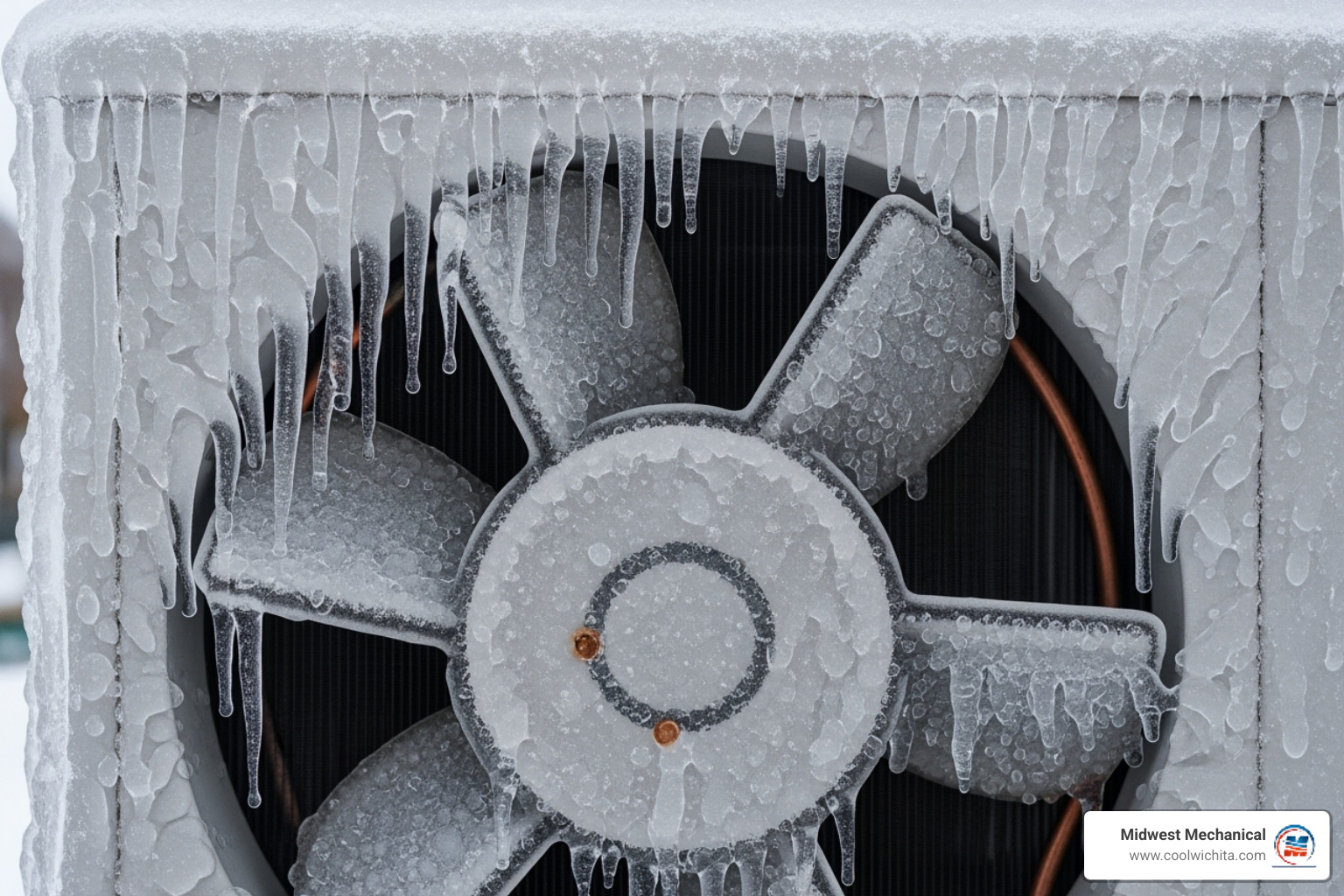 A close-up image of a frozen outdoor AC unit, covered in ice. - 24 hour ac repair wichita, ks