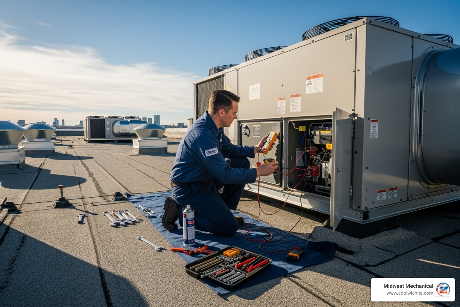 Technician performing maintenance on a commercial HVAC unit - commercial hvac installation wichita, ks