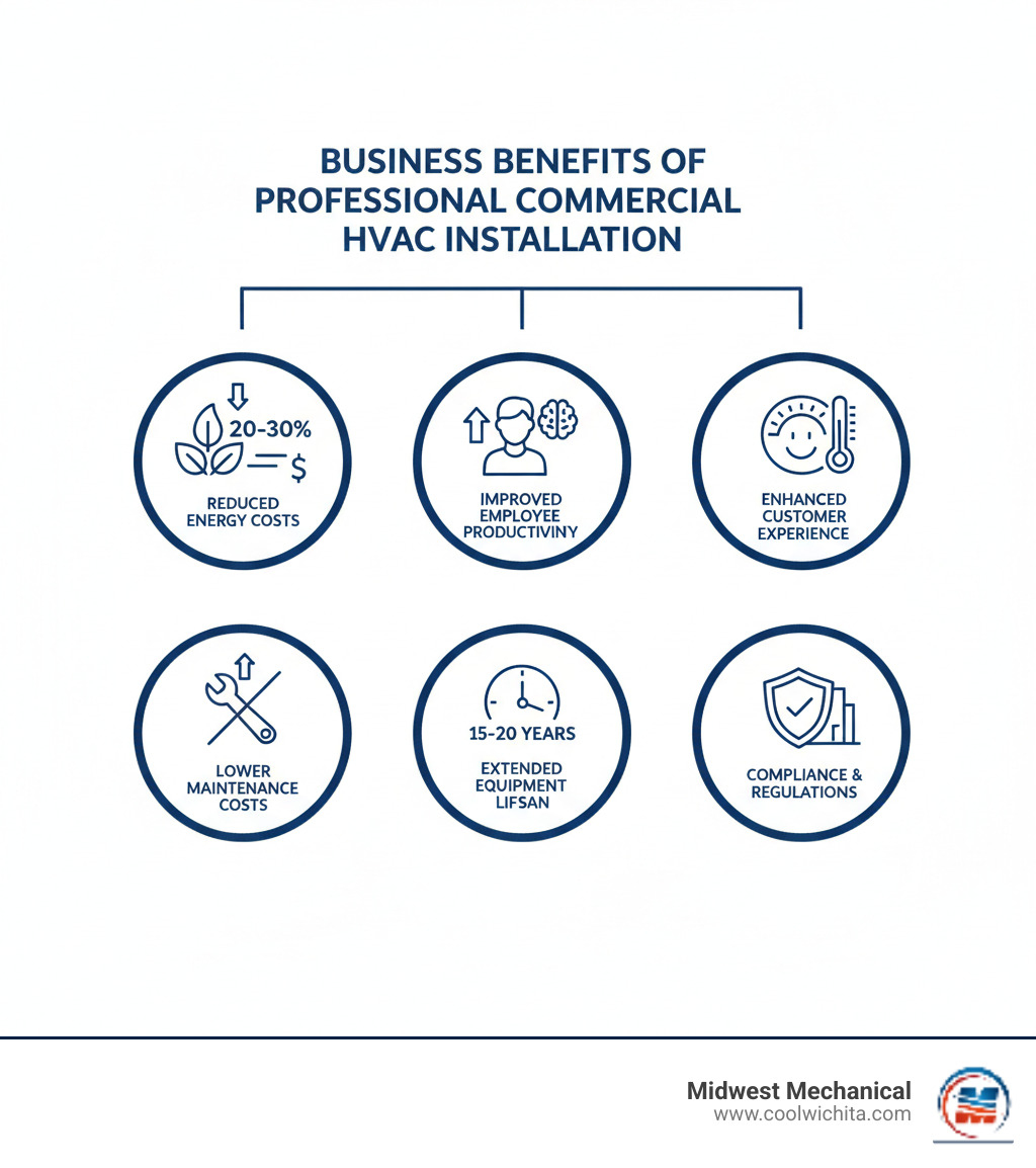 Infographic showing the business benefits of professional commercial HVAC installation: reduced energy costs by 20-30%, improved employee productivity through consistent comfort, enhanced customer experience with proper climate control, lower maintenance costs with proper installation, extended equipment lifespan of 15-20 years, and compliance with local building codes and regulations - commercial hvac installation wichita, ks infographic 