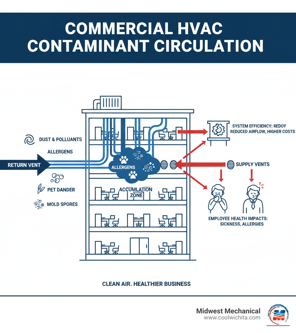 Infographic showing the circulation of dust, allergens, pet dander, mold spores, and pollutants through a commercial HVAC system, illustrating how contaminants enter through return vents, accumulate in ductwork, and are distributed throughout the building via supply vents, affecting employee health and system efficiency - air duct cleaning wichita, ks infographic 