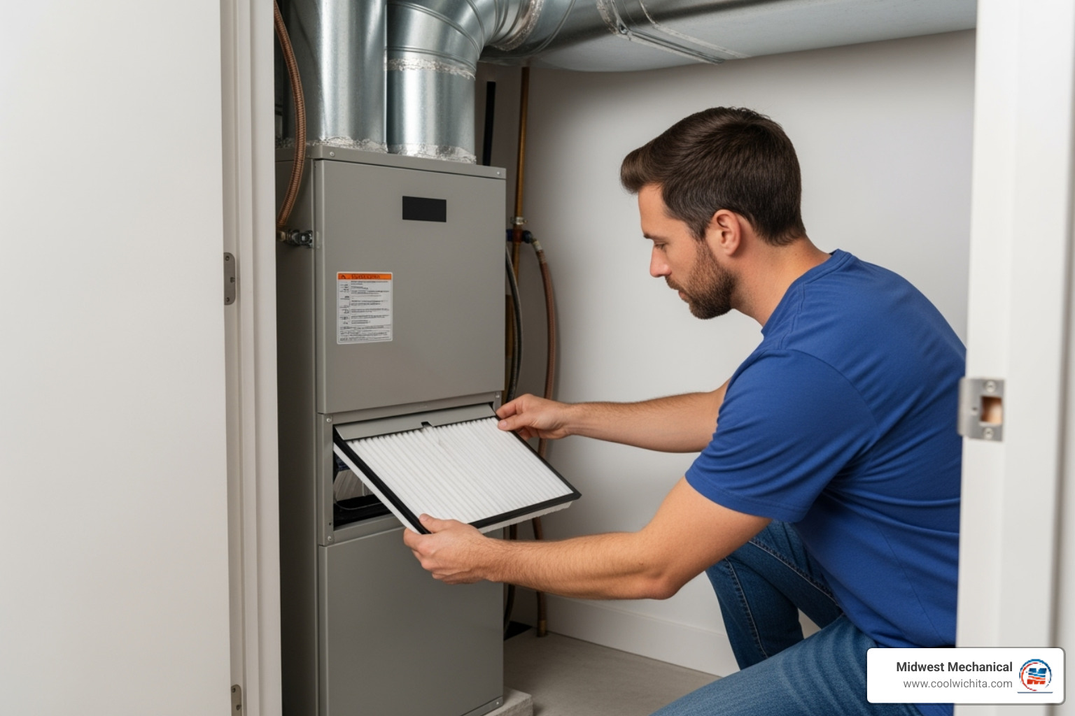 A homeowner carefully changing an air filter in their HVAC system, focusing on routine maintenance. - air conditioning making noise in derby ks