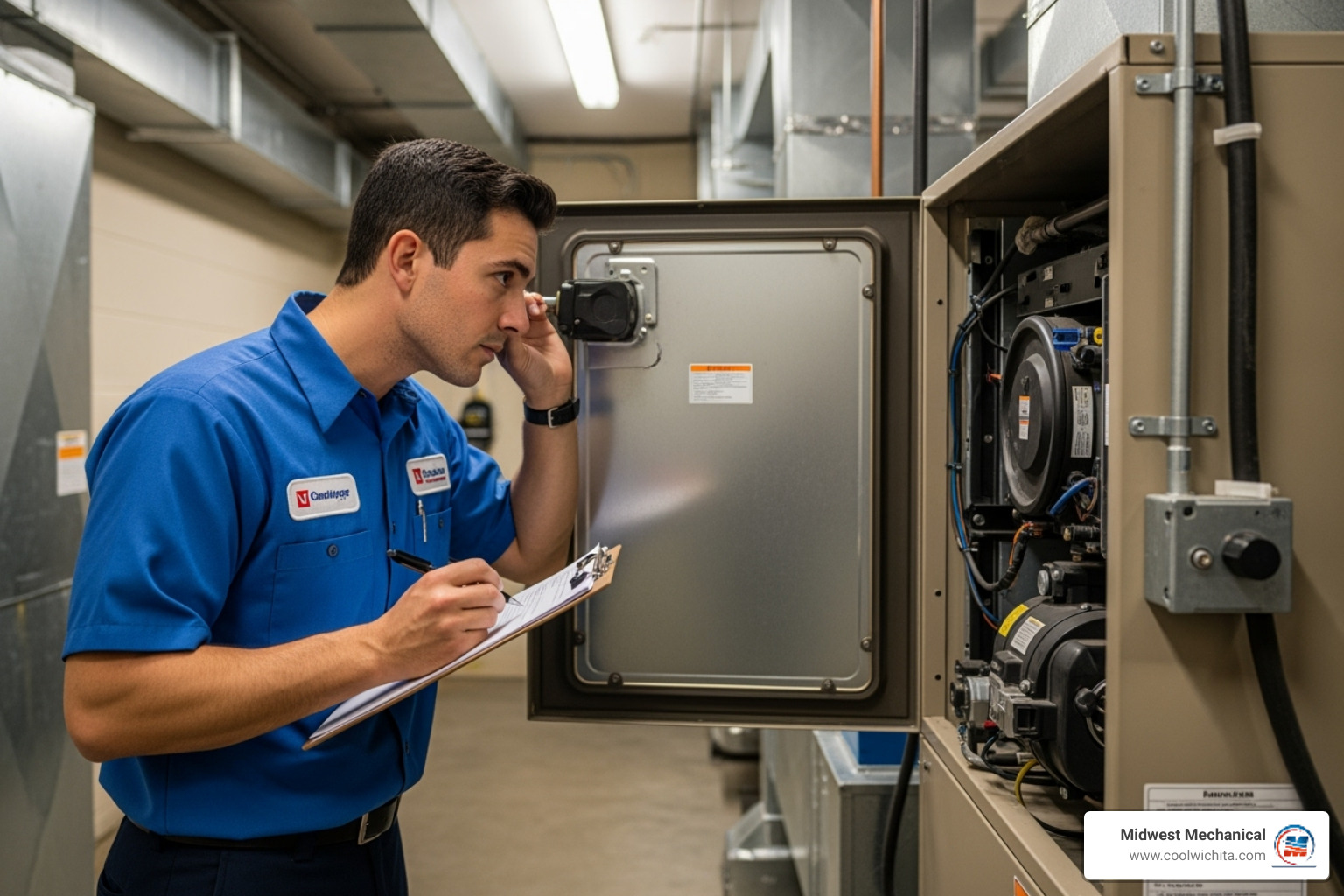HVAC technician listening attentively to an air handler unit, wearing a uniform and holding a clipboard. - air conditioning making noise in derby ks