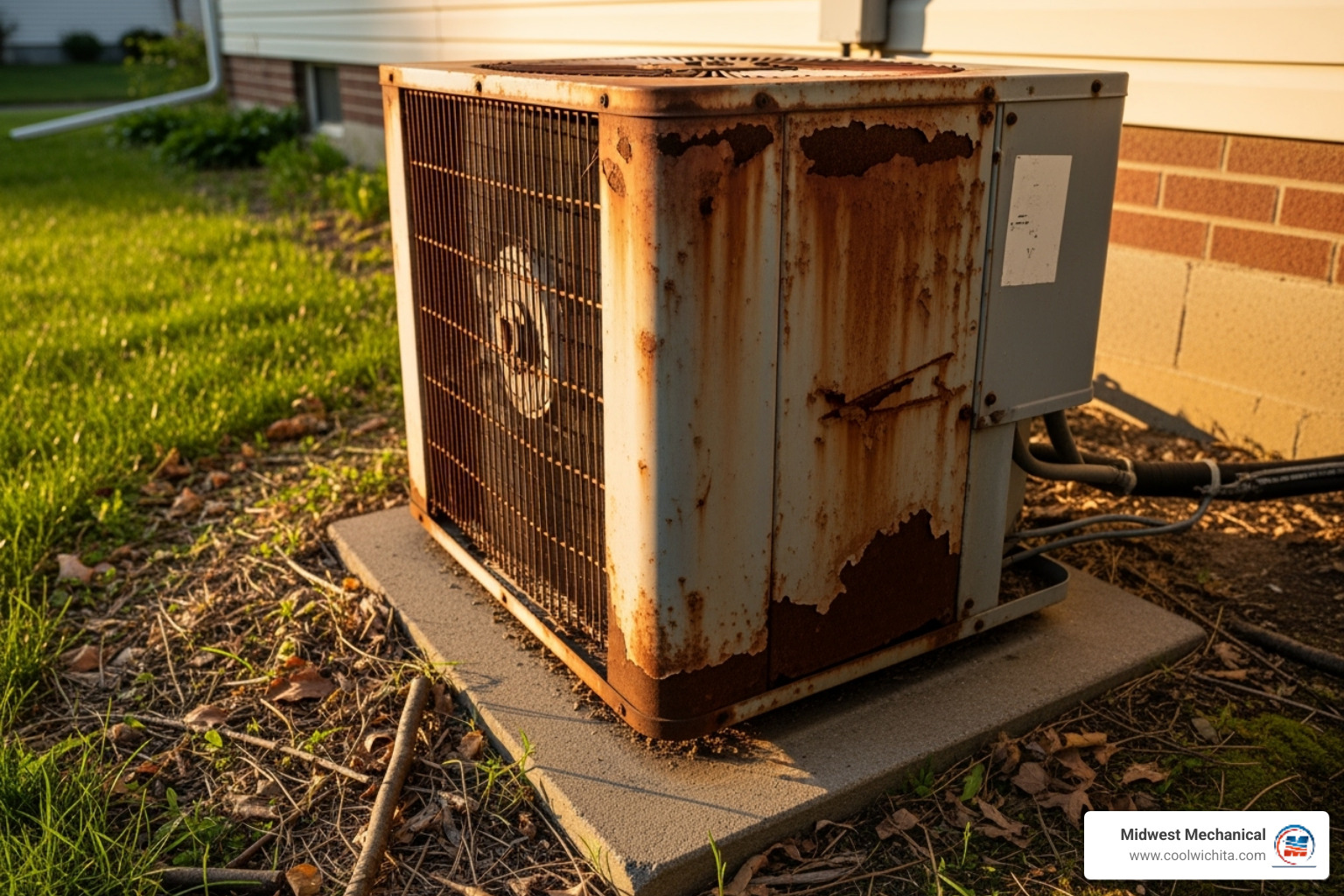 An older, weathered outdoor AC condenser unit with some rust and debris around its base. - air conditioning making noise in derby ks