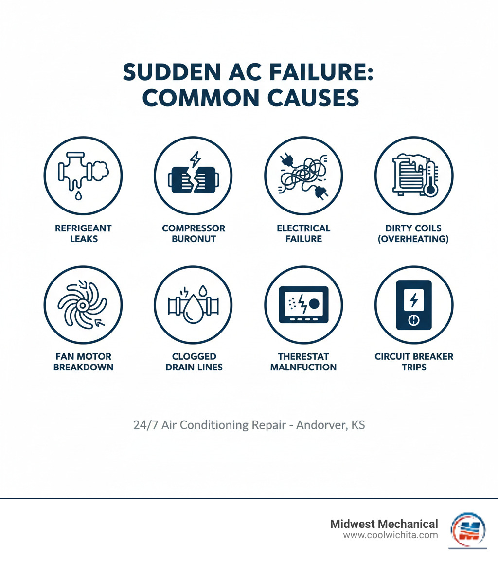 Infographic explaining common causes of sudden AC failure including refrigerant leaks, compressor burnout, electrical component failure, dirty coils causing overheating, fan motor breakdown, clogged drain lines, thermostat malfunction, and circuit breaker trips - 24/7 air conditioning repair in andover ks infographic 