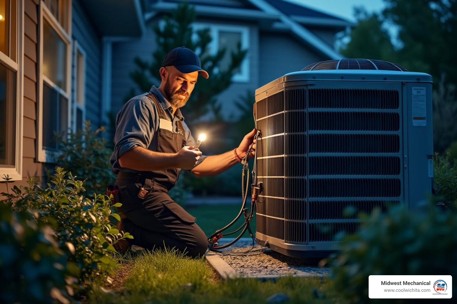 technician working on an outdoor AC unit at night - 24/7 air conditioning repair in andover ks