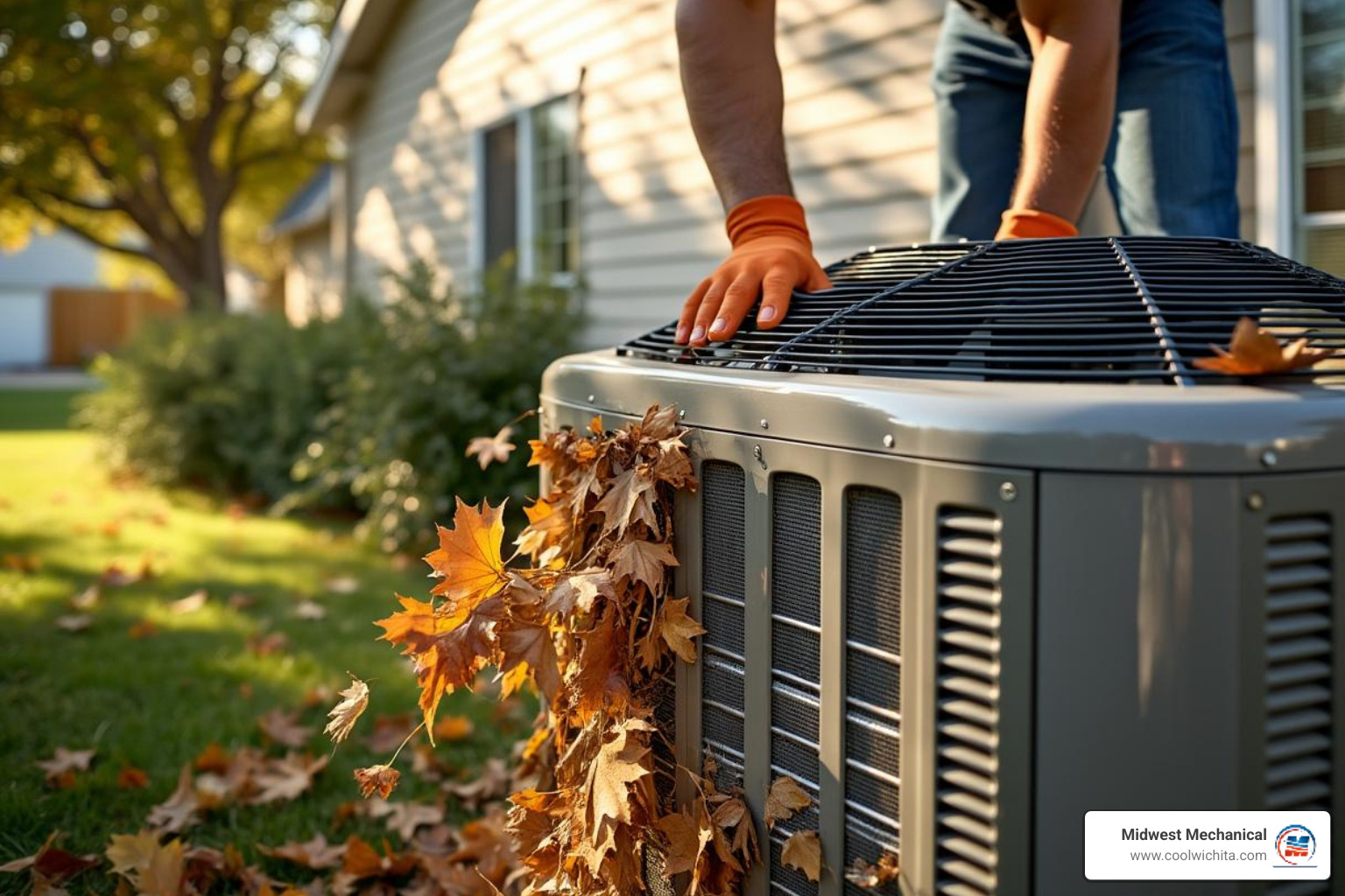 homeowner clearing leaves and debris from around outdoor AC unit - air conditioning making noise in cheney ks