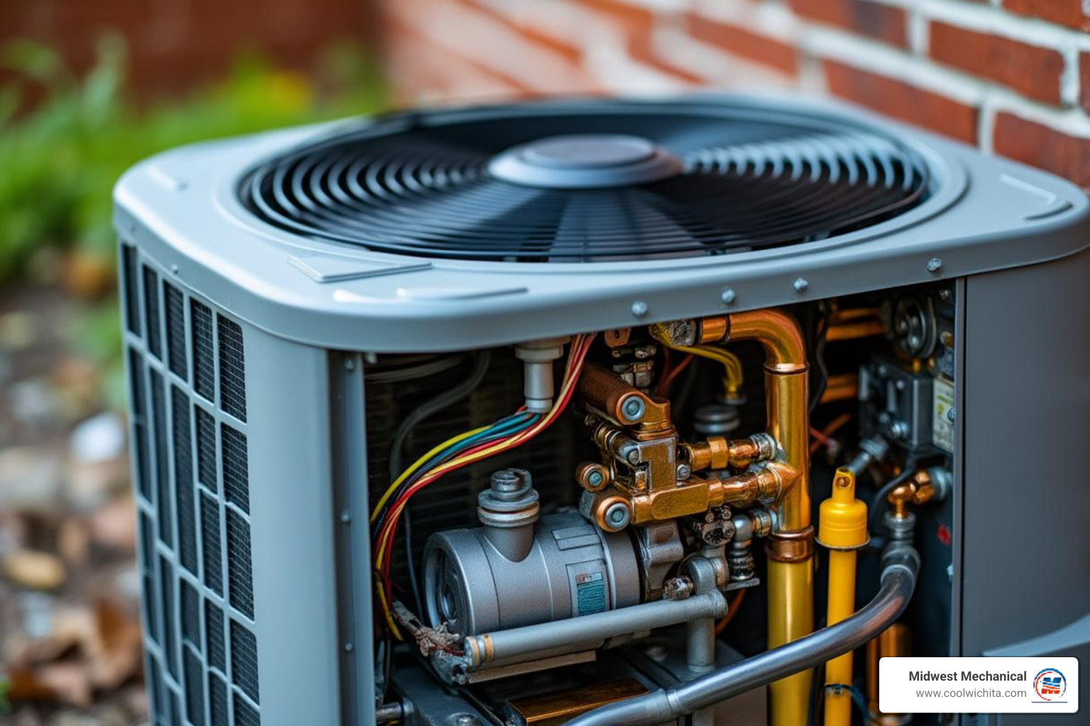 internal components of outdoor AC unit with labels for fan, compressor, and coils - air conditioning making noise in cheney ks