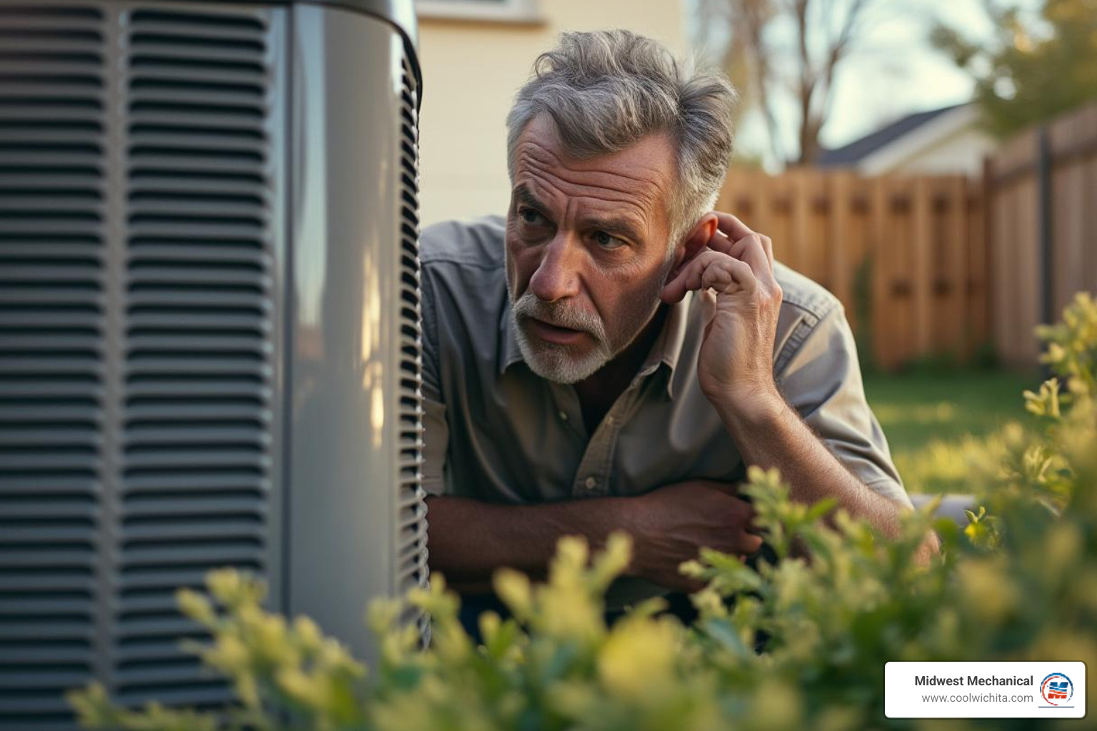 homeowner listening to AC unit with concerned expression - air conditioning making noise in cheney ks