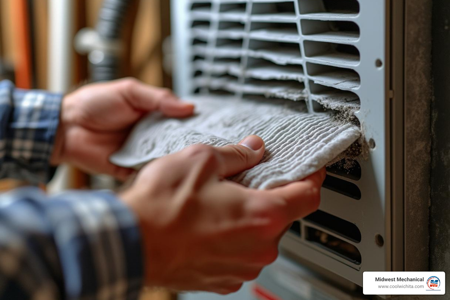 A homeowner easily replacing a dirty air filter with a clean one in their HVAC system - air conditioning making noise in haysville ks