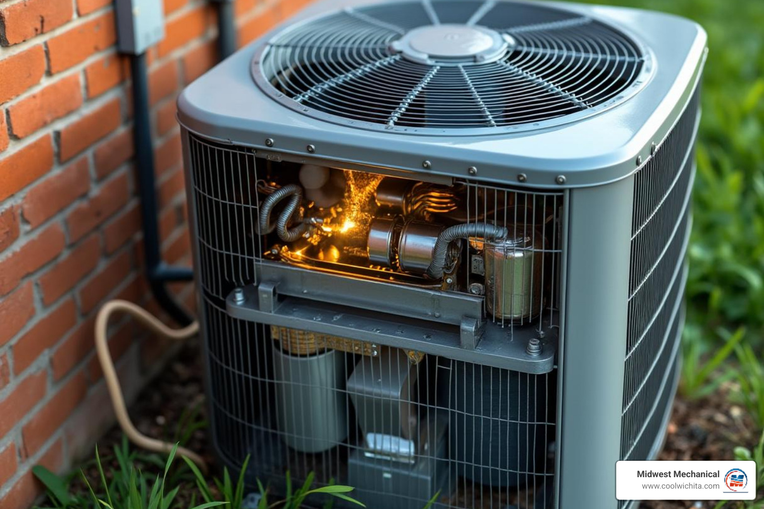 An outdoor AC unit with labels pointing to the fan, compressor, and coils, illustrating potential sources of noise - air conditioning making noise in haysville ks