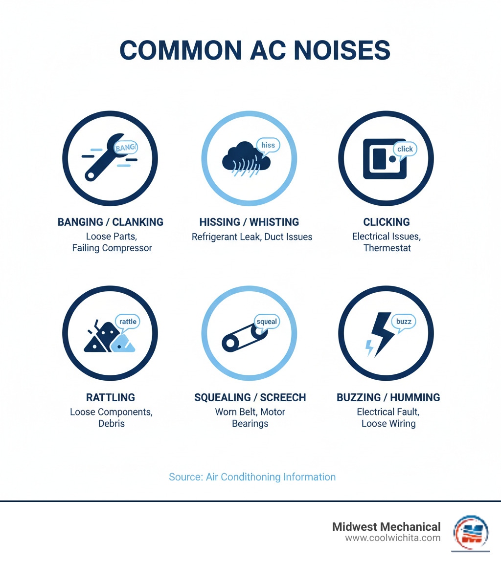 Infographic showing six common AC noises with icons: banging wrench for loose parts, hissing cloud for refrigerant leak, clicking switch for electrical issues, rattling debris for loose components, squealing belt for worn parts, and buzzing spark for electrical faults, each labeled with primary causes - air conditioning making noise in haysville ks infographic 